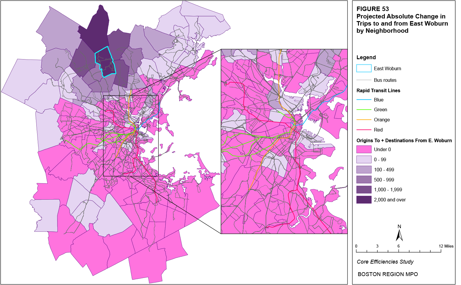 This map shows the projected absolute change in trips to and from the East Woburn neighborhood by neighborhood.